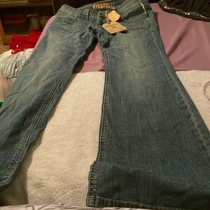 WOMANS BLUE JEAN NWT BY HYDRAULIC SIZE 8 FLARE LEG BUTTON UP 4 POCKETS